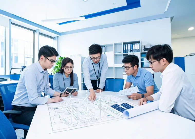 Renewable energy project support team reviewing a site plan